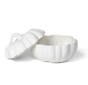 Matte White Lidded Ceramic Pumpkin Bowl, Medium