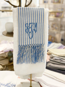 Embroidered Melograno Italian Hand Towel -Blue Stripe